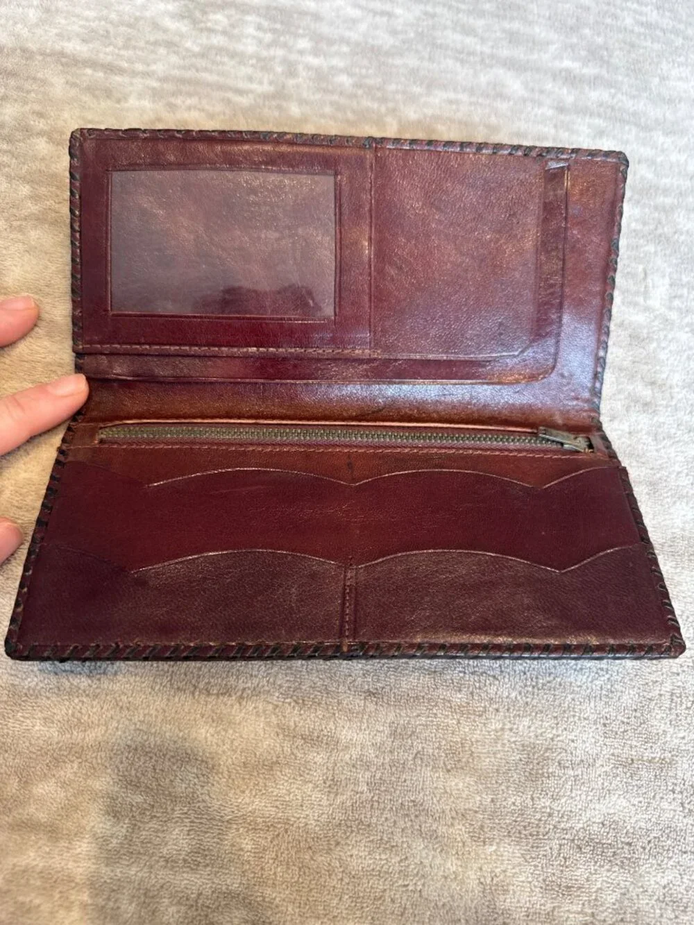 Handcrafted Embossed Leather Wallet Aztec Calendar Design Long Bifold Style